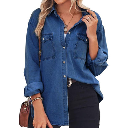 Dark blue denim long-sleeve button-up shirt with chest pockets and button cuffs