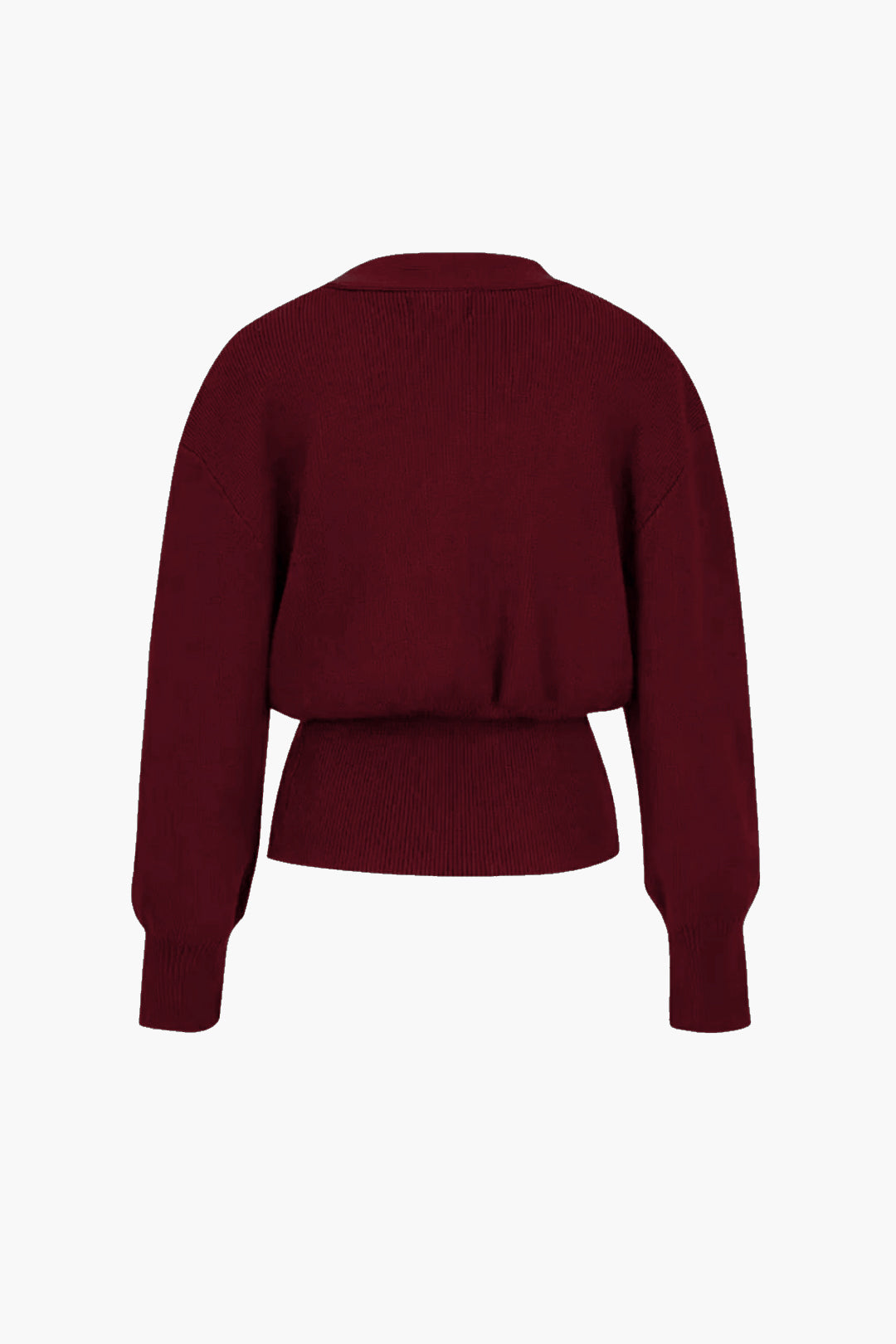 Burgundy modern cardigan back, crew neck and ribbed hem, long sleeves