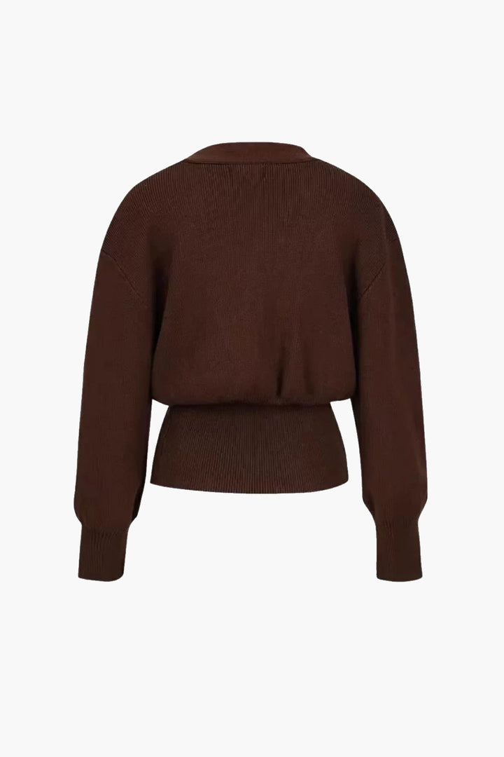 Brown modern cardigan back, crew neck with ribbed hem and long sleeves