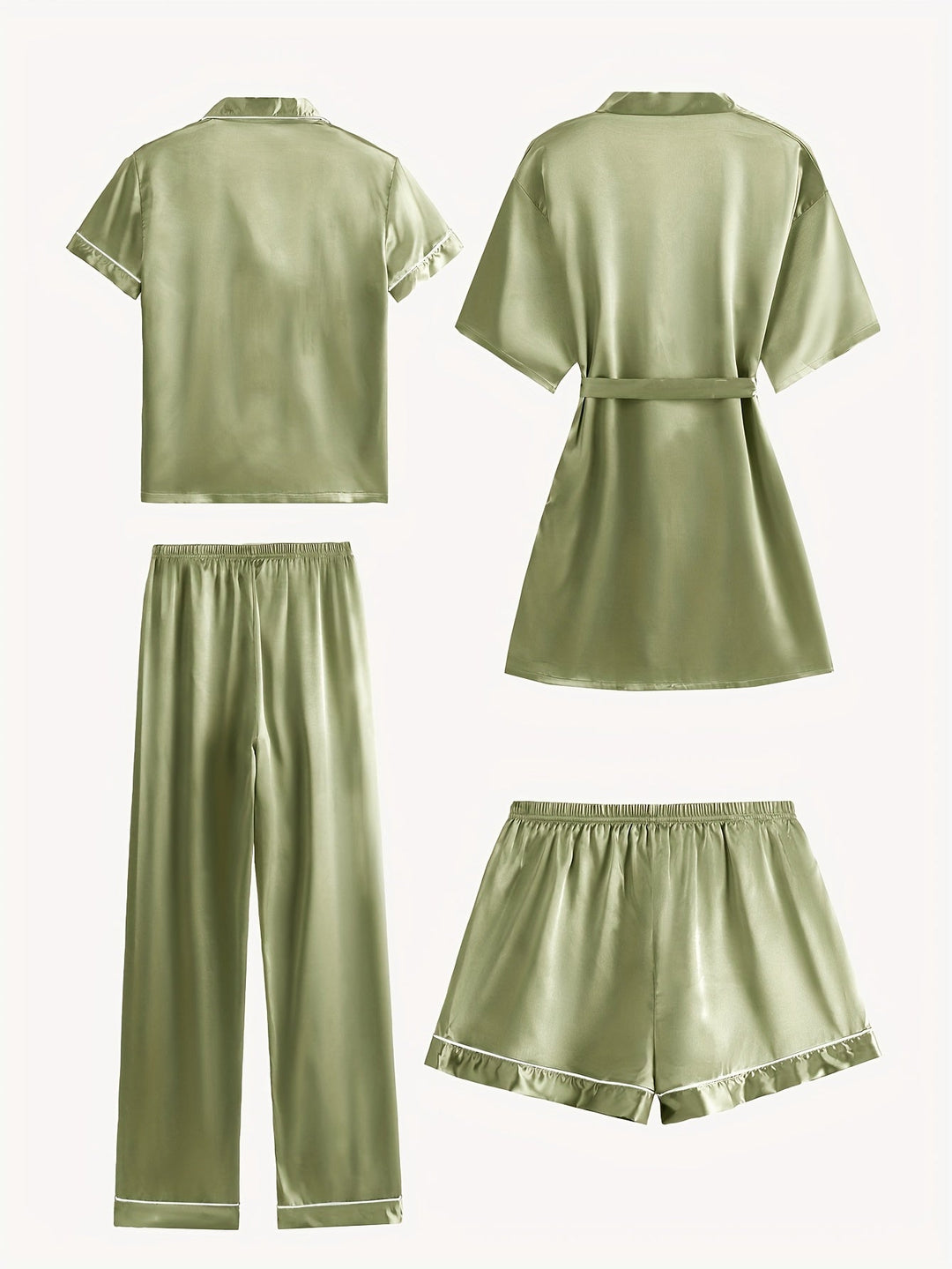 Olive satin pajama set with button-up top, belted robe, matching pants and shorts