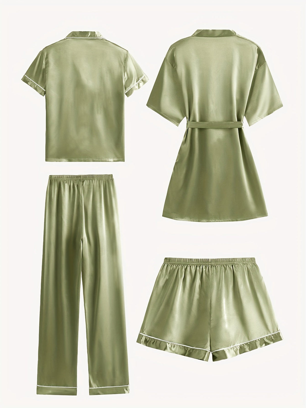 Olive satin pajama set with button-up top, belted robe, matching pants and shorts