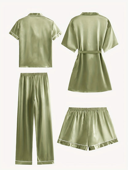 Olive satin pajama set with button-up top, belted robe, matching pants and shorts