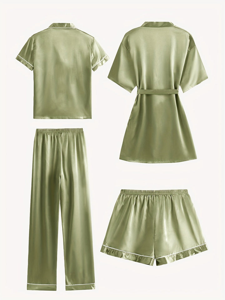 Olive satin pajama set with button-up top, belted robe, matching pants and shorts