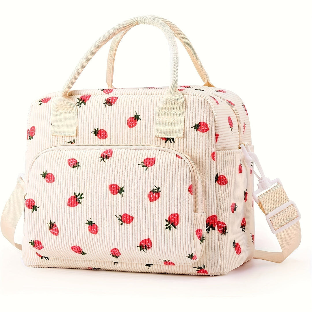 Cream strawberry print organizer tote bag with zip front pocket and shoulder strap