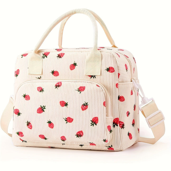 Cream strawberry print organizer tote bag with zip front pocket and shoulder strap