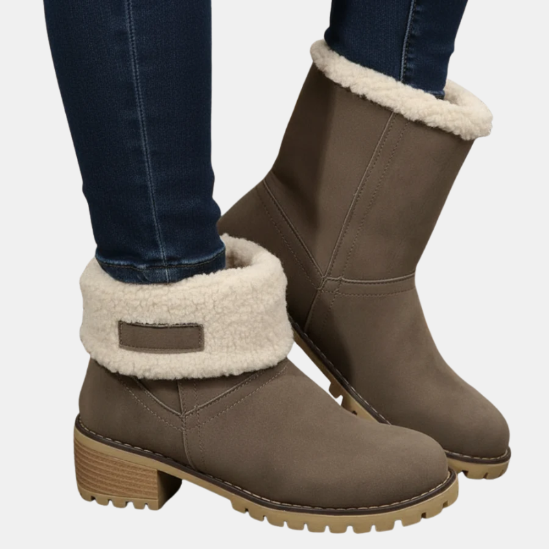 Women’s ankle boots in taupe suede with sherpa cuff, side seam, and block heel
