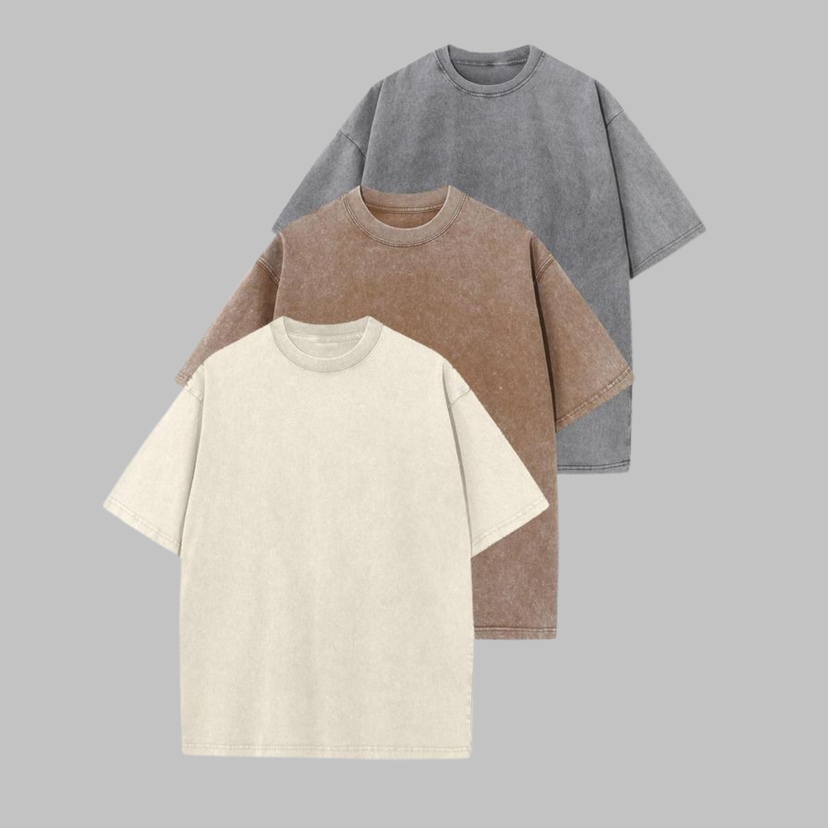 3-pack washed crew-neck T-shirts in off-white, tan, and light gray
