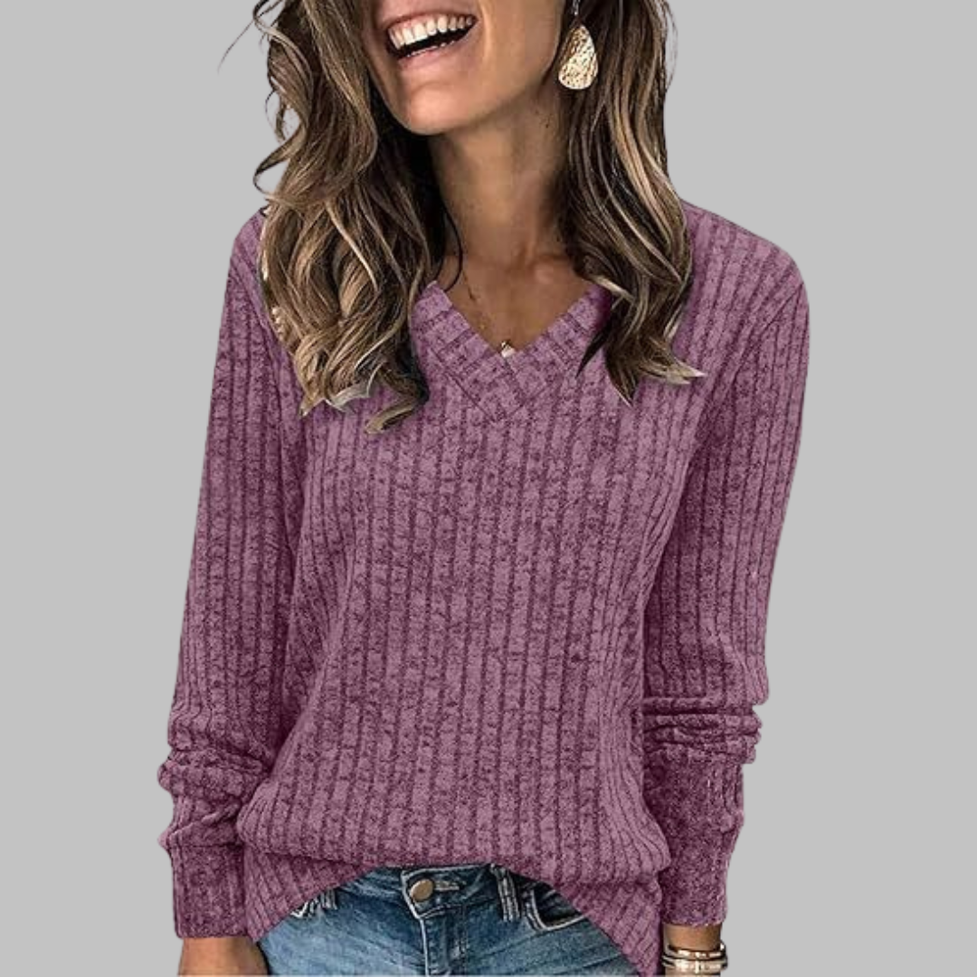 V-neck long-sleeve knit sweater, purple; ribbed cuffs and hem