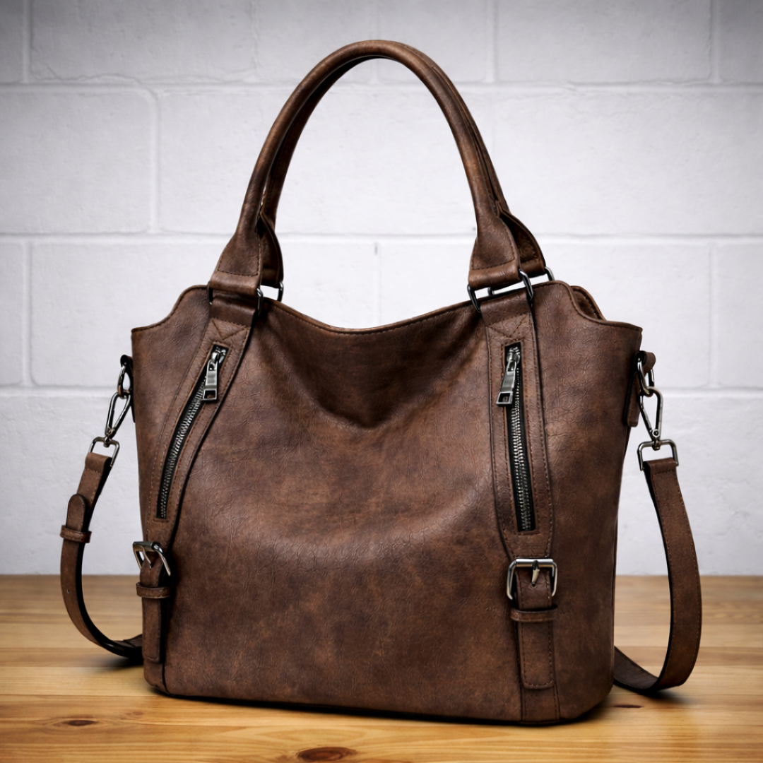 Dark brown leather hobo tote bag with two top handles, zip pockets, and crossbody strap