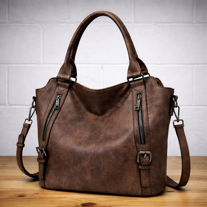 Dark brown leather hobo tote bag with two top handles, zip pockets, and crossbody strap