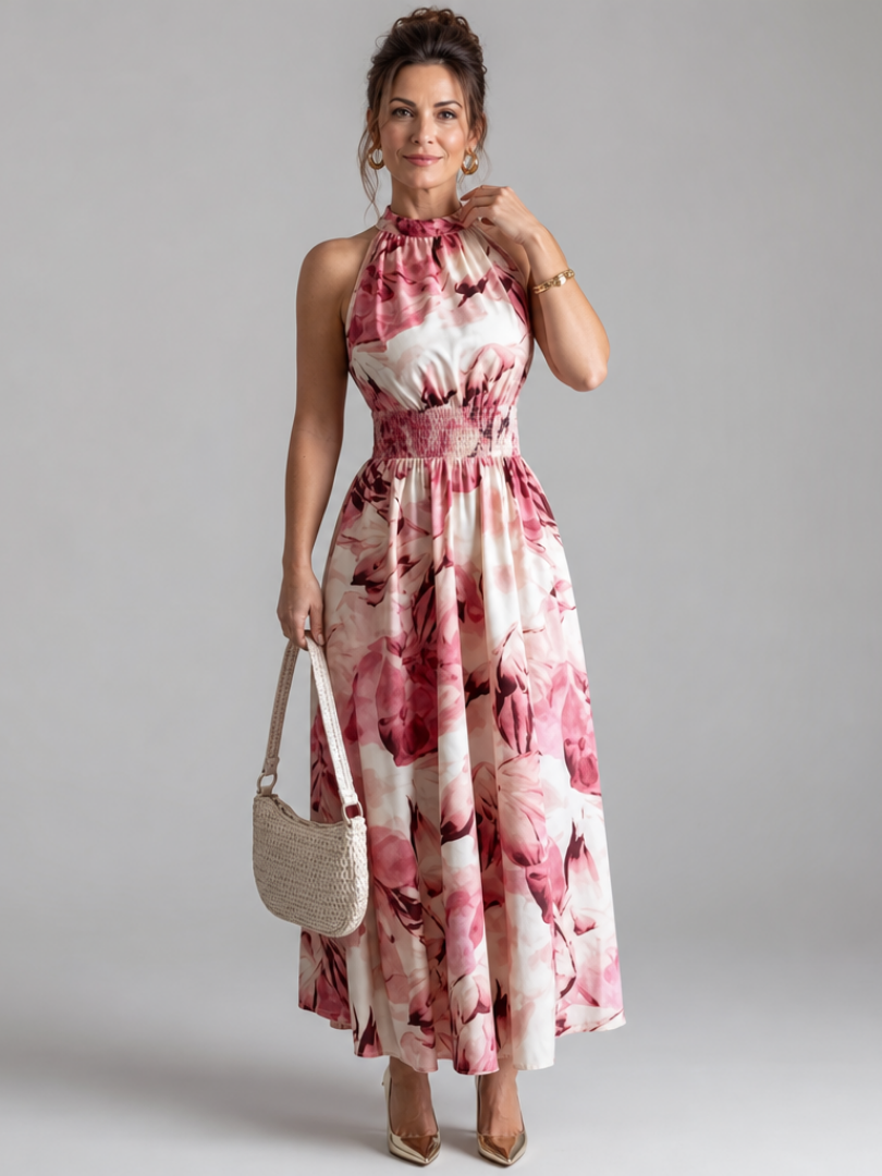 Pink and white abstract print midi dress with halter neck and gathered waist