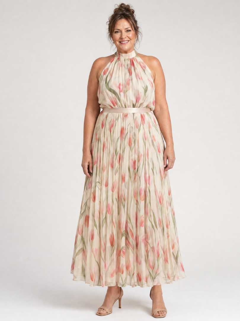 Halter neck floral midi dress with high neckline and gathered bodice, tulip print