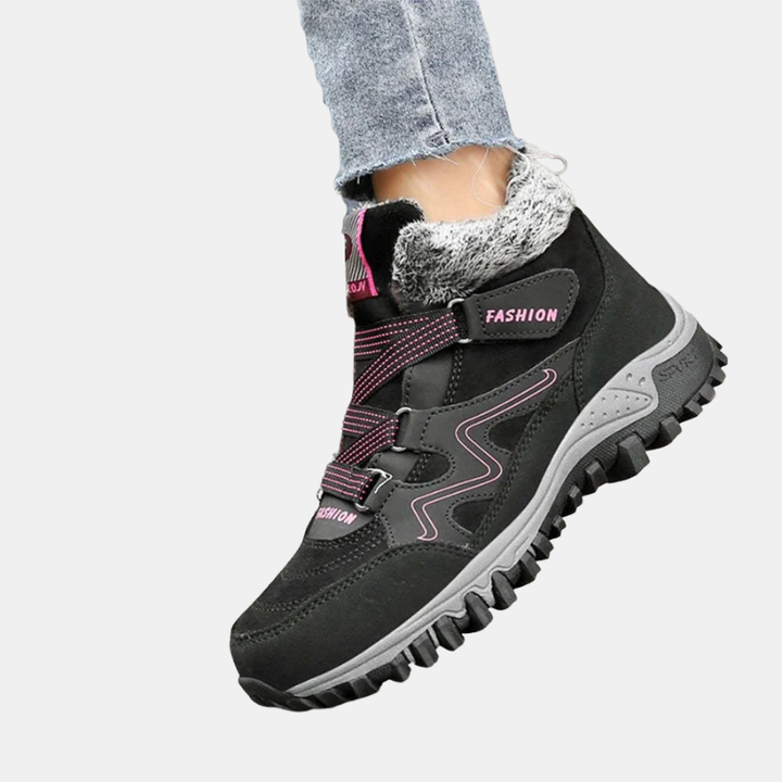 Black orthopedic shoes with faux-fur collar and maroon stripe straps, grippy tread sole