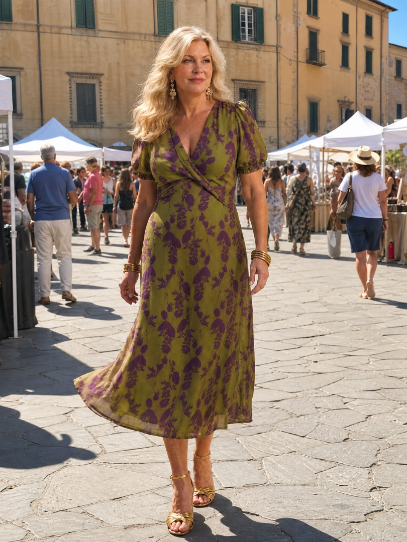 Floral midi dress with V-neck wrap bodice, short puff sleeves, and gathered tie waist