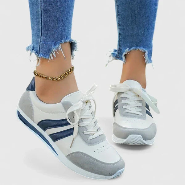 Casual orthopedic shoes, white with navy stripe accents, gray toe, lace-up