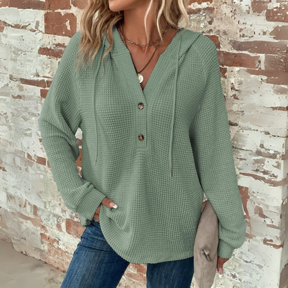 Light green waffle-knit hoodie with V-neck and button placket, long sleeves