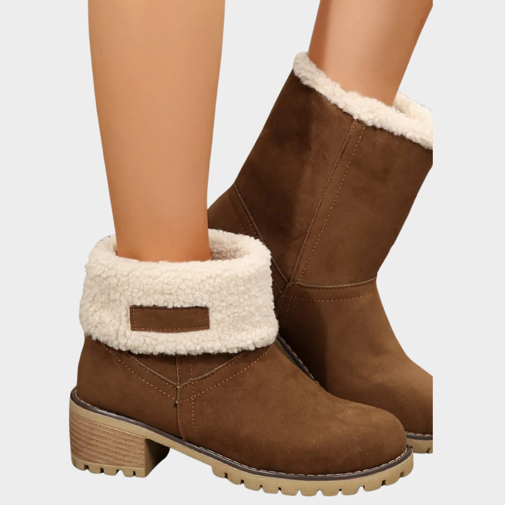 Brown suede mid-heel winter boots with sherpa collar and pull-tab detail