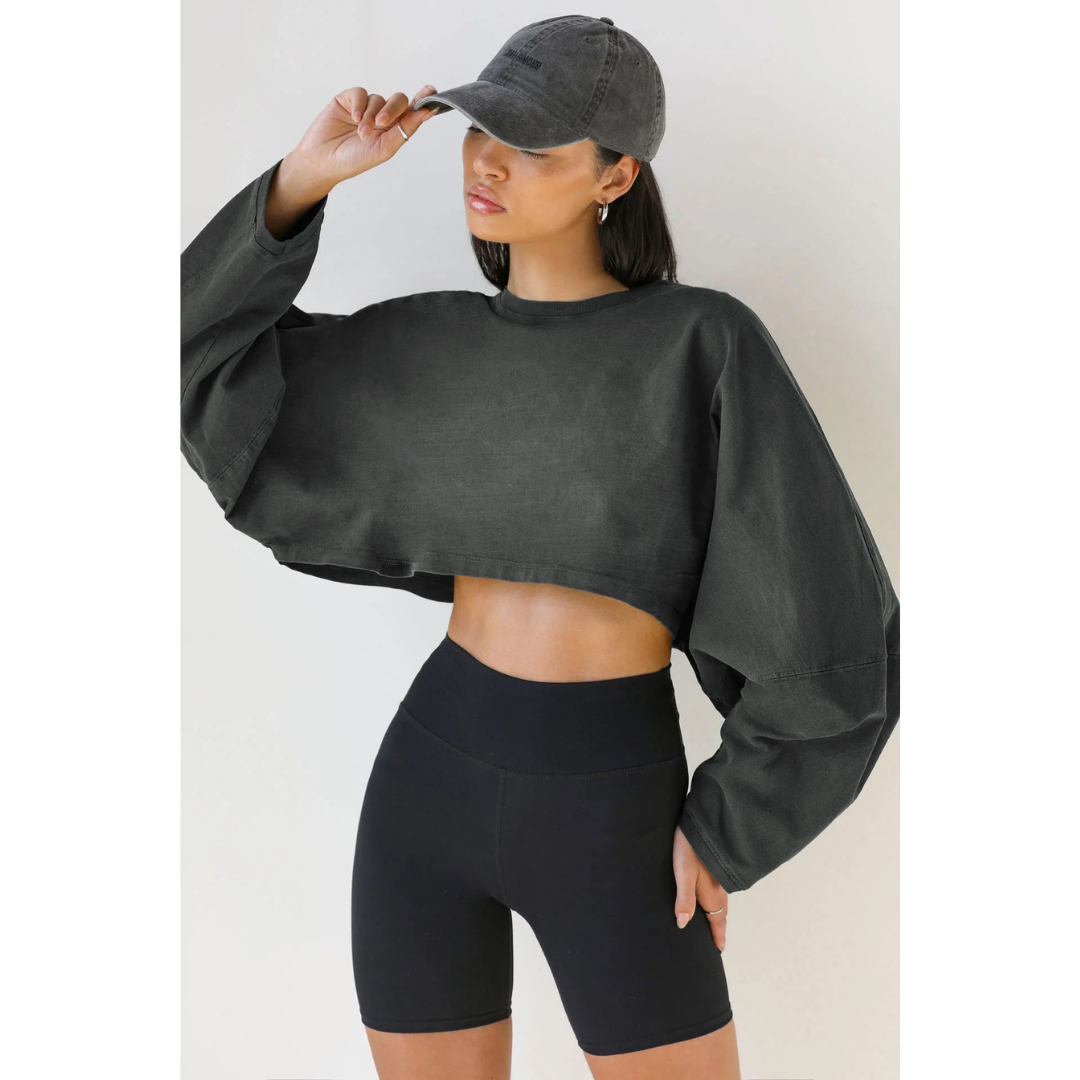 Women’s cropped pullover sweatshirt, dark charcoal crew neck with long sleeves