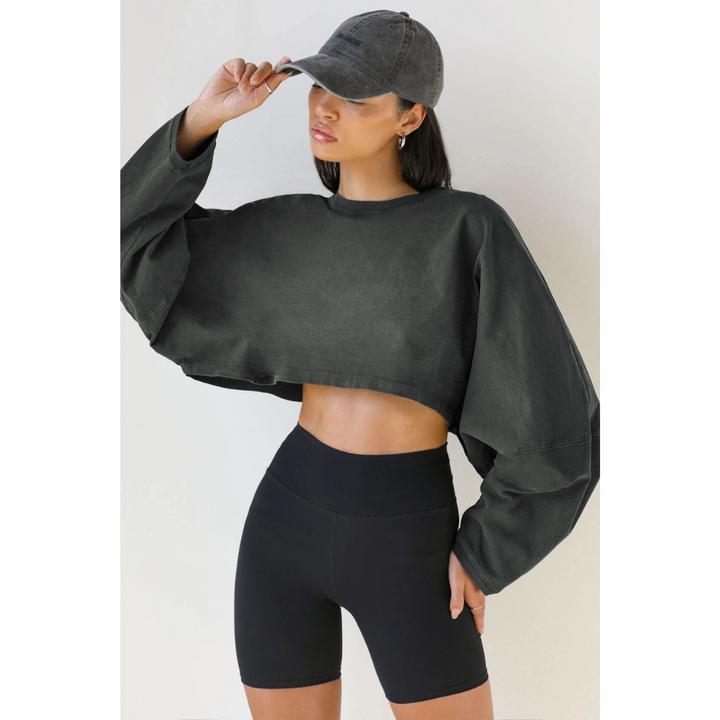 Women’s cropped pullover sweatshirt, dark charcoal crew neck with long sleeves
