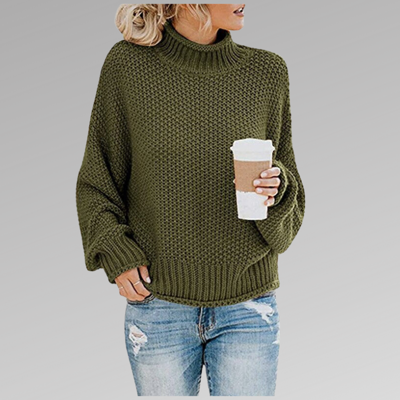 Green oversized winter sweater, chunky knit, ribbed turtleneck and cuffs