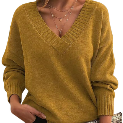 Lightweight V-neck sweater, mustard yellow knit with ribbed V-neck and cuffs