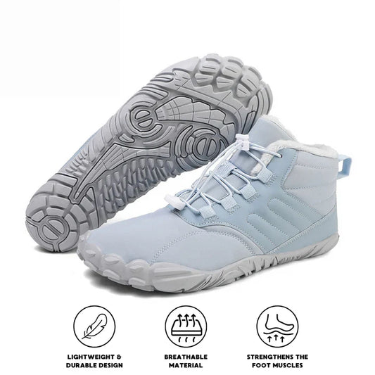 Non-slip waterproof shoes, light blue suede upper with lace-up straps and grippy rubber sole