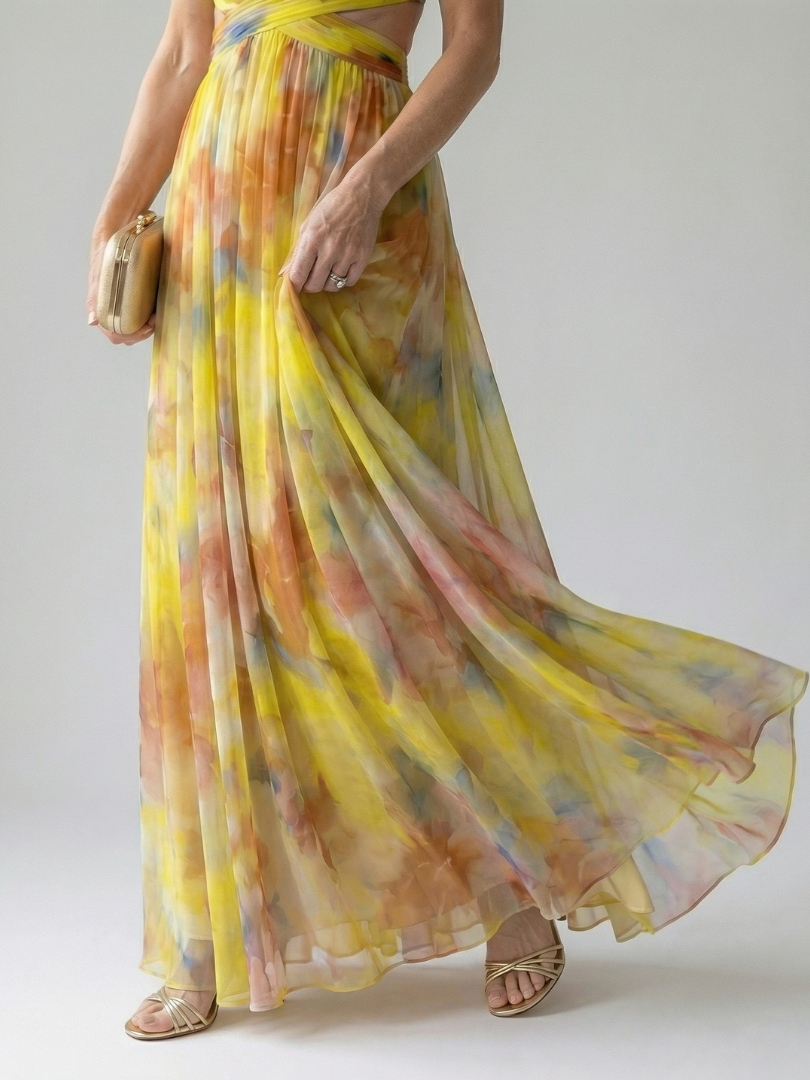 Yellow multicolor soft wrap maxi dress skirt detail, flared sheer panels