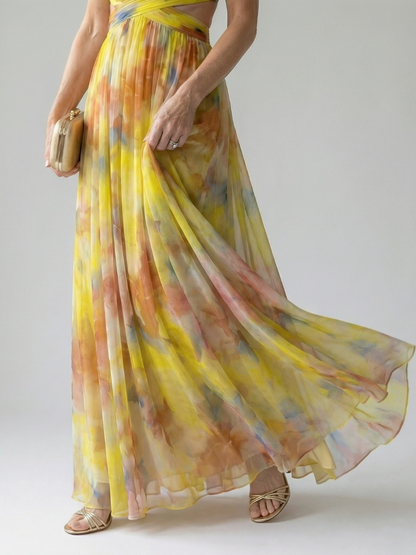 Yellow multicolor soft wrap maxi dress skirt detail, flared sheer panels