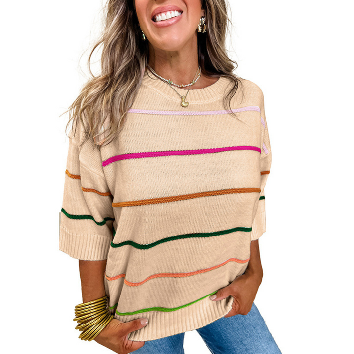 Lightweight striped round-neck top in khaki with colorful horizontal stripe bands