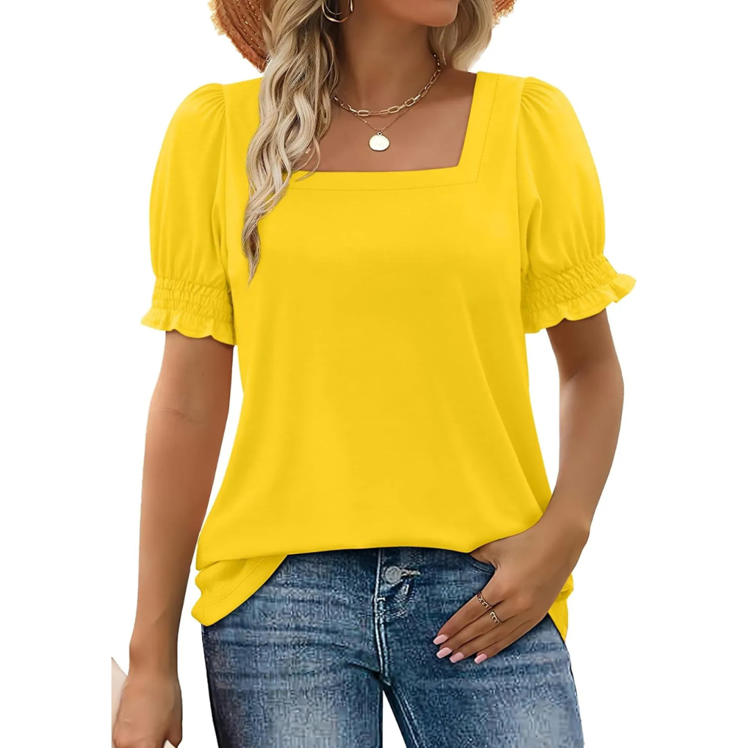 Women’s yellow lightweight blouse with square neckline and short puff ruffle sleeves