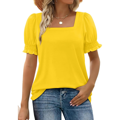 Women’s yellow lightweight blouse with square neckline and short puff ruffle sleeves