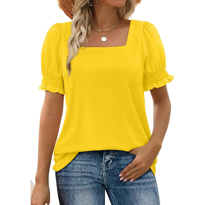 Yellow ruffle-sleeve blouse with square neckline