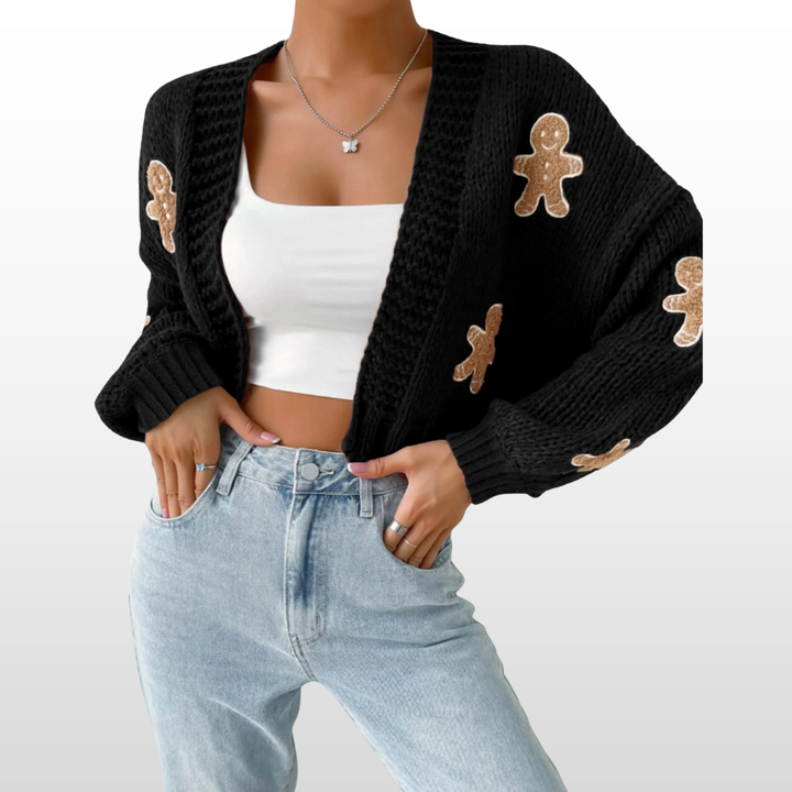 NOIME™ black knit cardigan with gingerbread appliques, open front, long sleeves