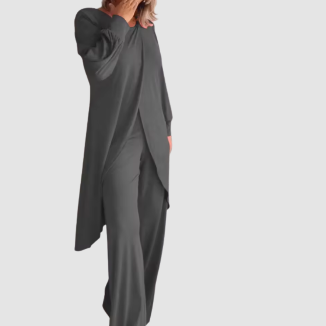 Laine™ longline top and trousers set, grey with side split