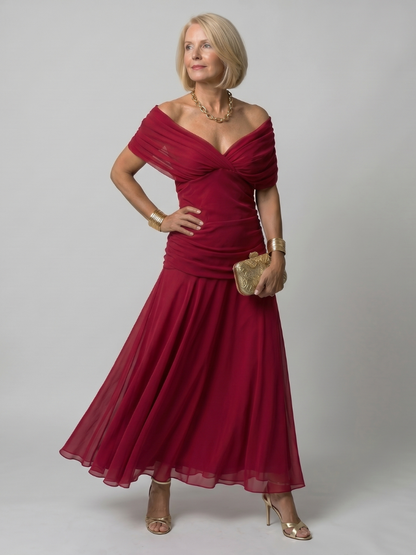 Red off-shoulder flow midi dress with draped twist bodice and flared hem