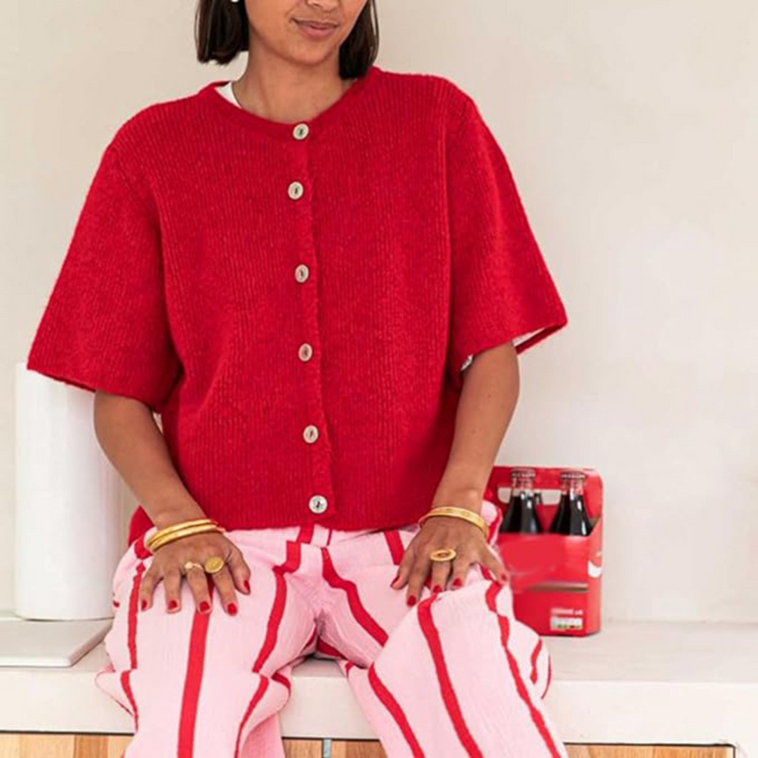 Lightweight short sleeve button cardigan, red knit with front buttons and crew neckline
