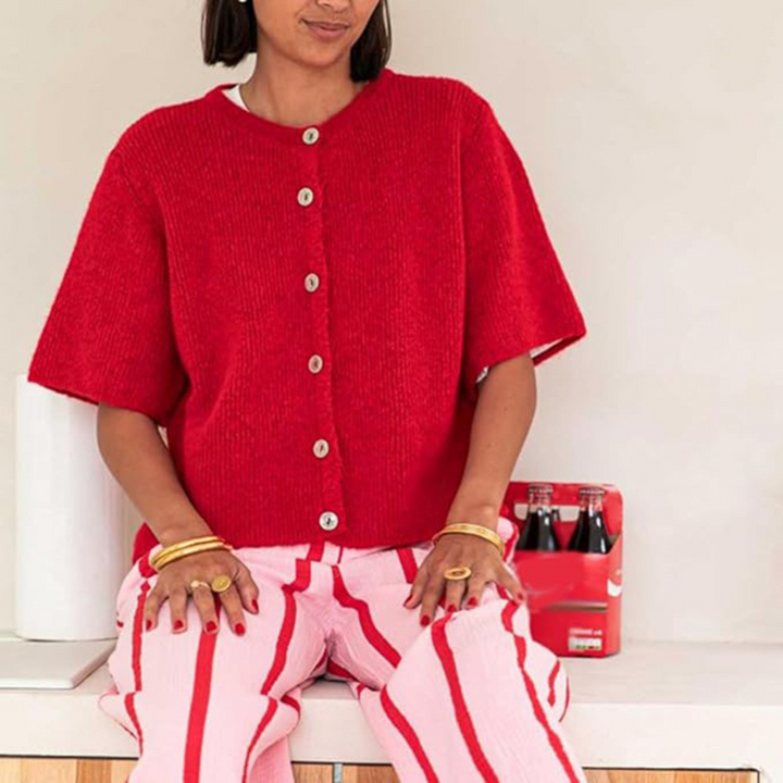 Lightweight short sleeve button cardigan, red knit with front buttons and crew neckline