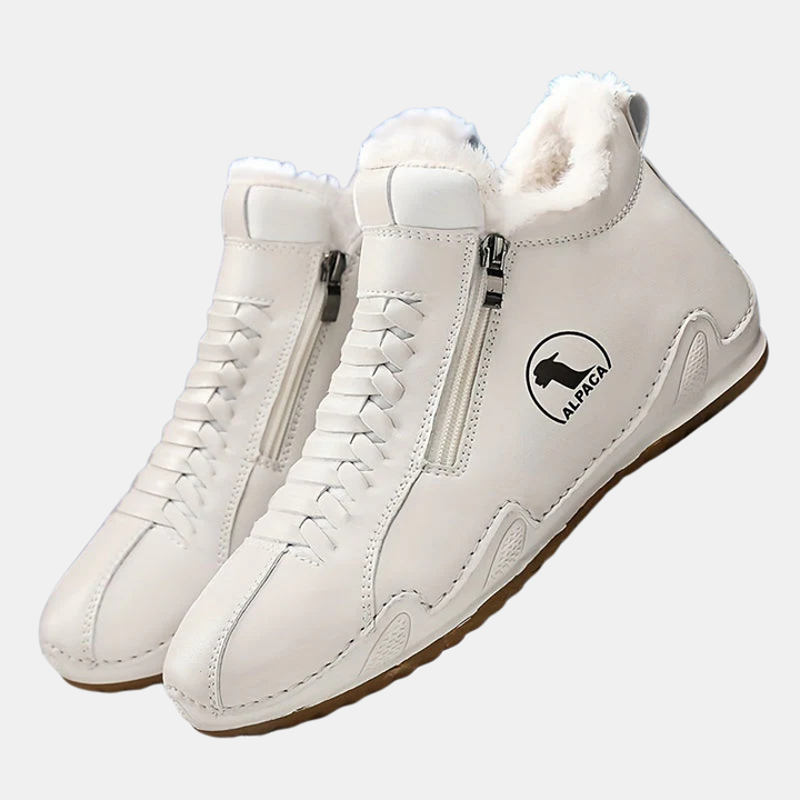 White ergonomic boots with side zipper and faux-fur collar lining