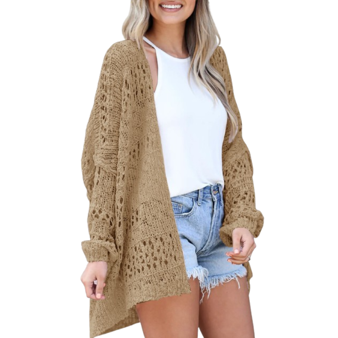 Camel open-knit oversized boho summer cardigan, long sleeves, fringe hem