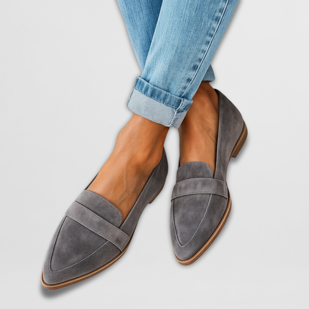 Grey suede loafers with slip-on strap and pointed toe