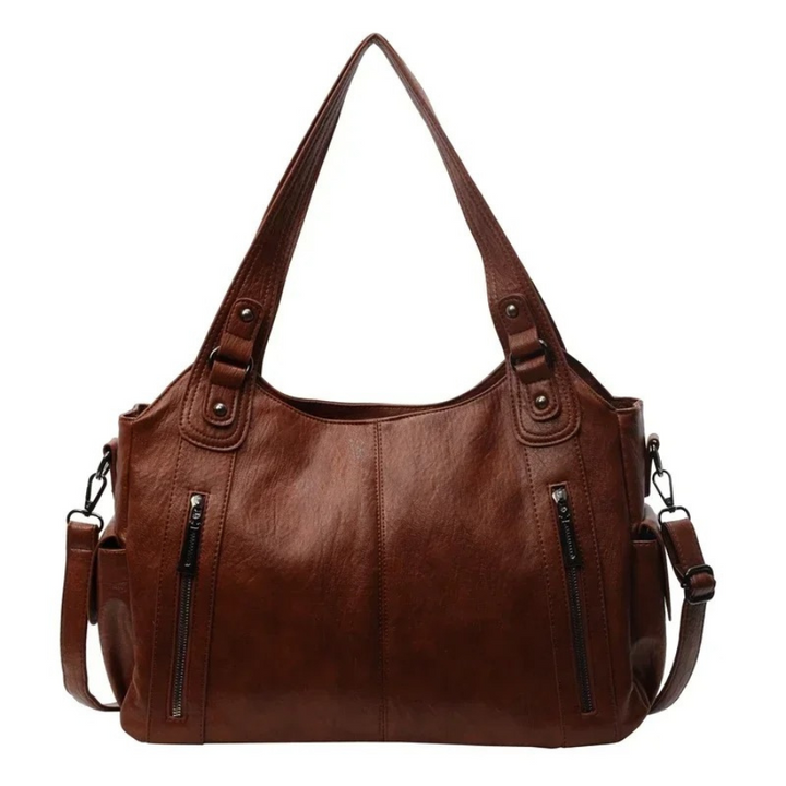 Brown large shoulder bag with dual front zippers and adjustable shoulder straps