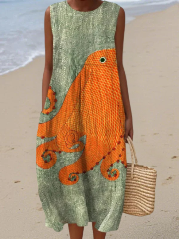 Multicolor sleeveless midi dress, green with orange nautical print and side pockets