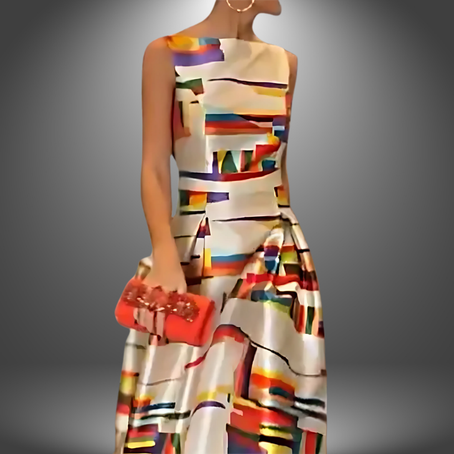 Sleeveless high-neck evening dress with abstract multicolor print and flared skirt