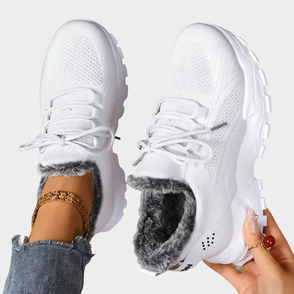 Casual lace-up lightweight sneakers, white knit upper with faux-fur cuff and chunky sole