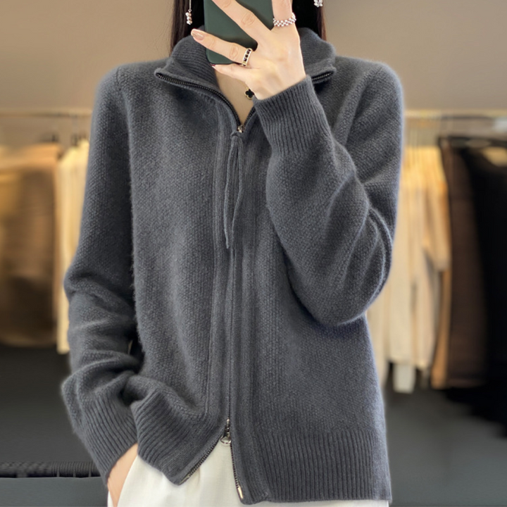 Gray zip-up knit sweater with stand collar and long sleeves