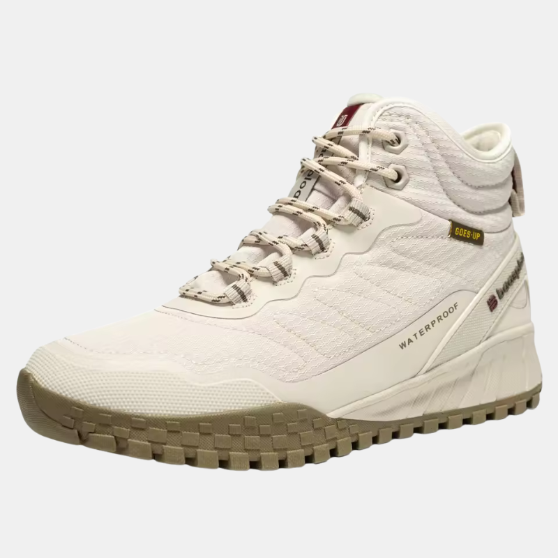 Waterproof plush warm boots, lace-up front, light cream upper, chunky tread sole