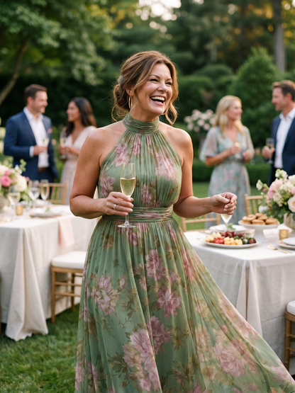 Sage green halter midi dress with pink floral print, gathered high neck and flowing skirt