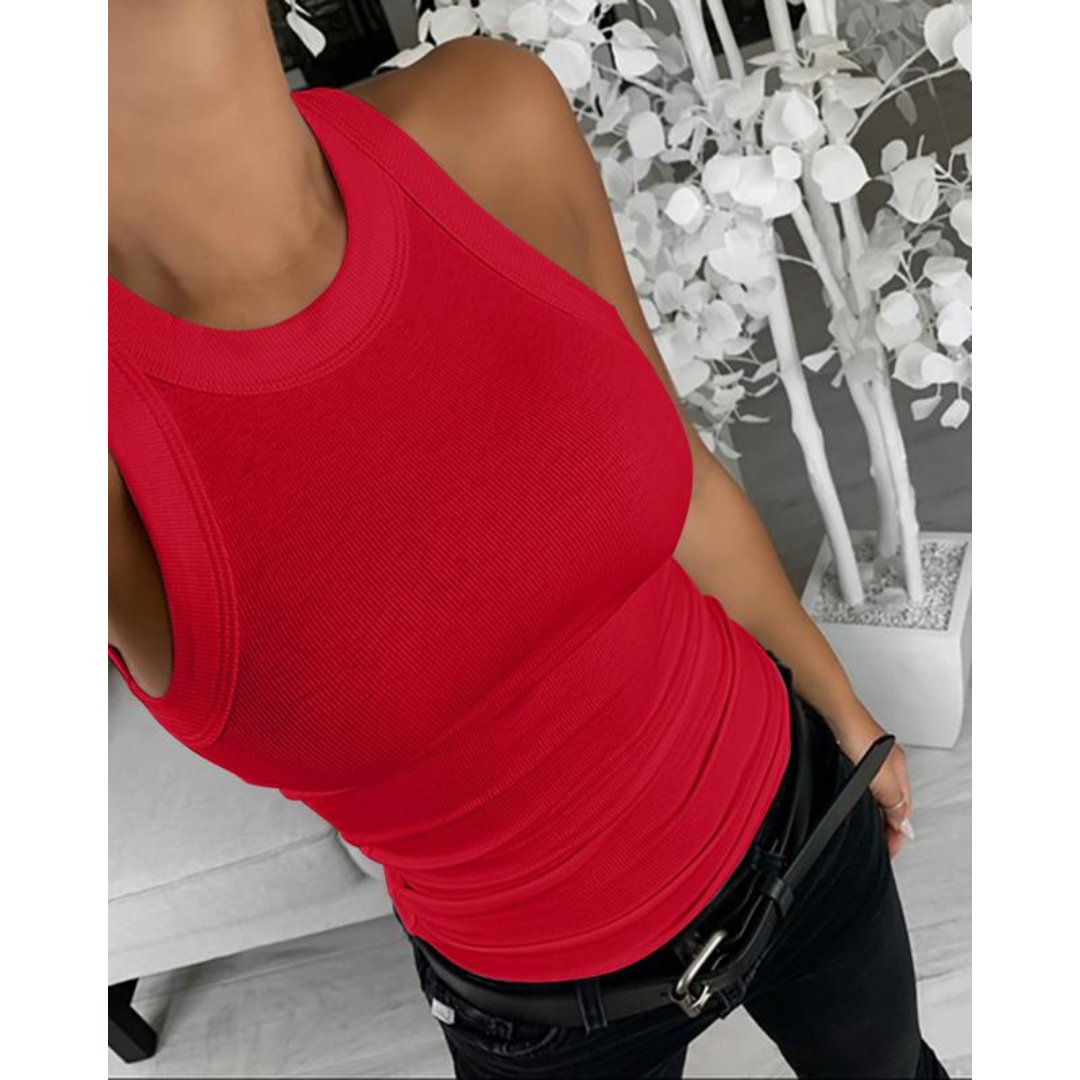 Everyday casual sleeveless pullover in coral red, round neckline, fitted stretch knit