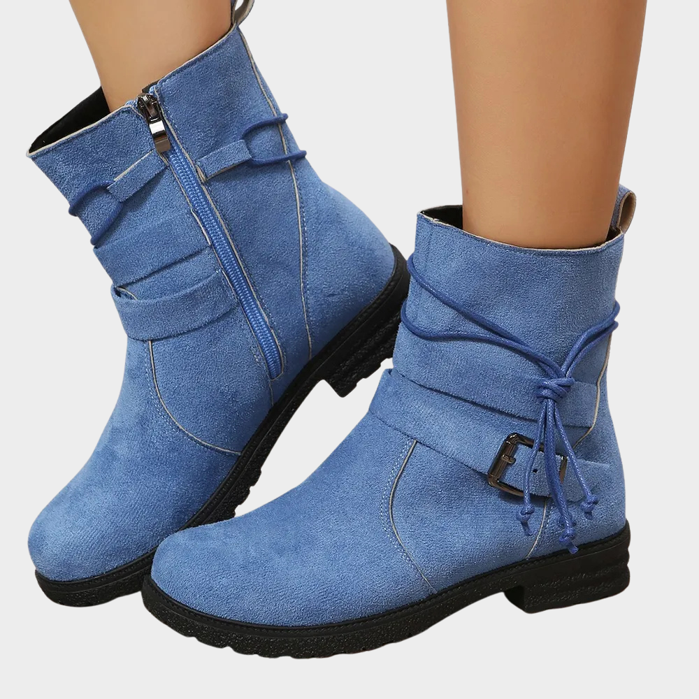 Sky blue suede low-heel ankle boots with front lace tie and side zipper