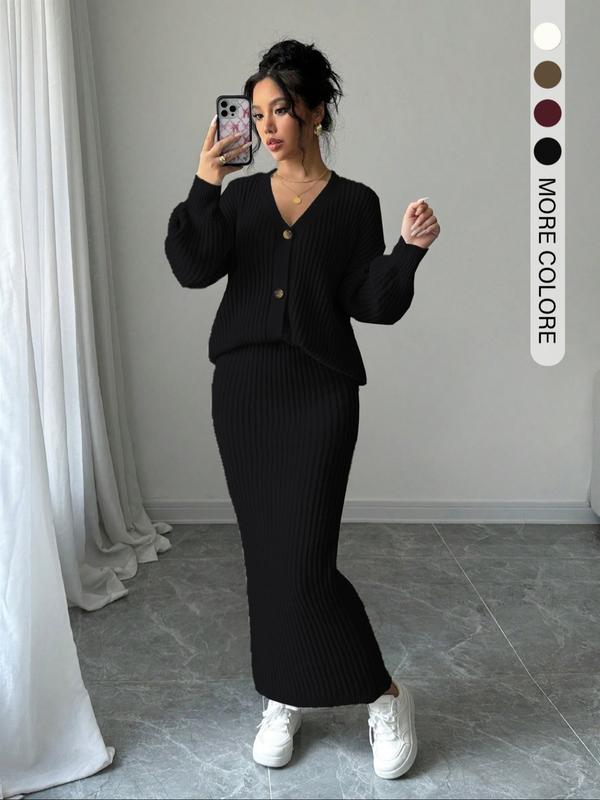 Black ribbed knit sweater and long skirt set with button-front cardigan